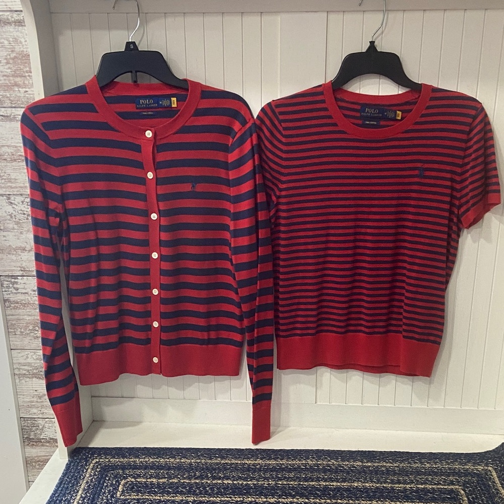 Polo by Ralph Lauren Women's Red & Navy Striped Sweater Cardigan